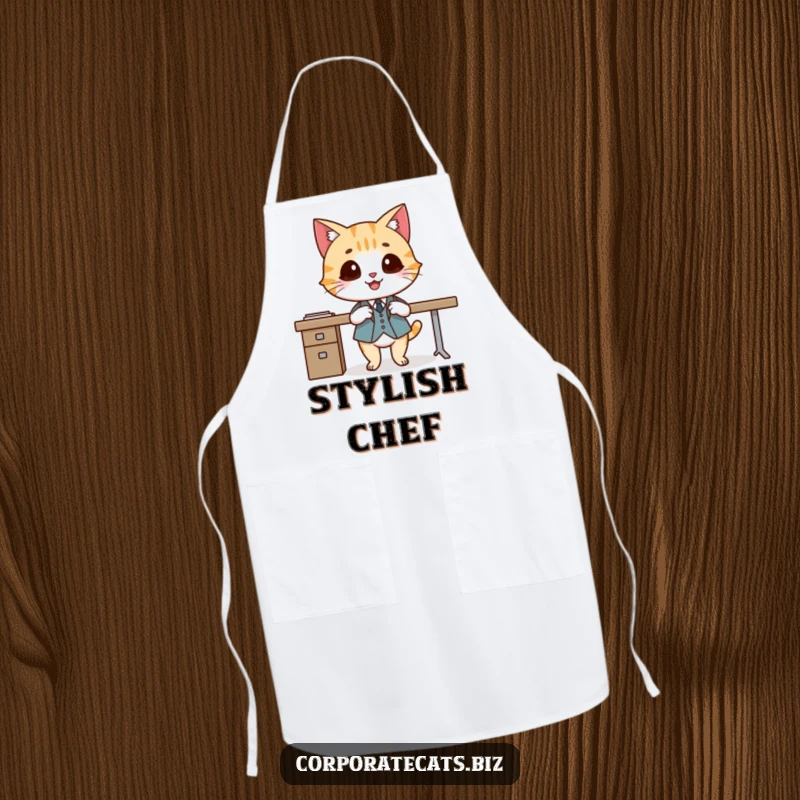 Funny apron print of a smiling cat wearing a tiny suit and crossing legs elegantly, suitable for humorous kitchen wear.