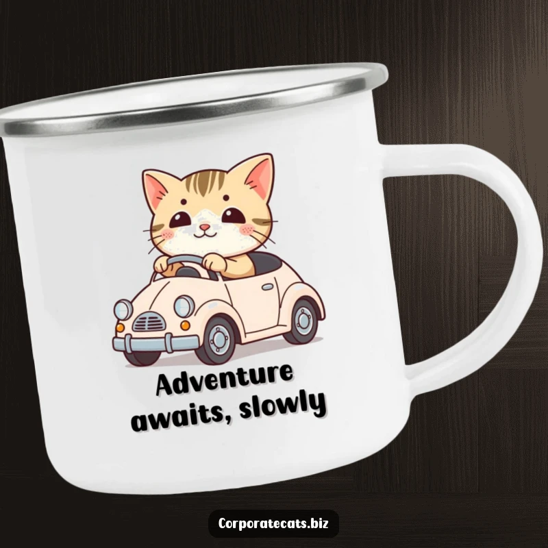 Funny camping mug with a cute cat driving a miniature toy car. Durable and humorous for outdoor use.