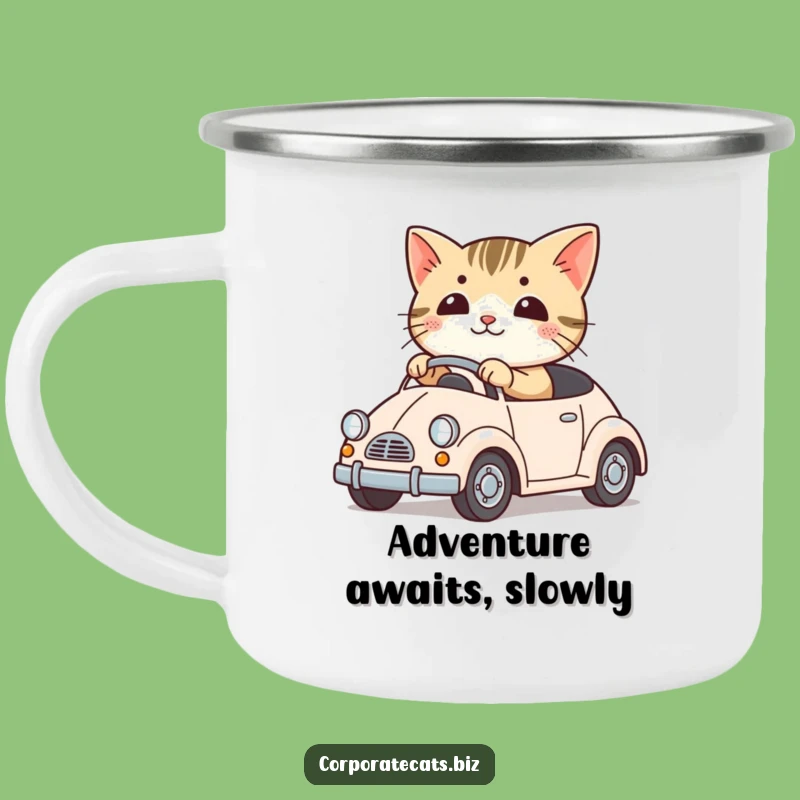 Funny Cute Cat Camping Mug: Driving a Toy Car, Rugged and Hilarious Outdoor Gear