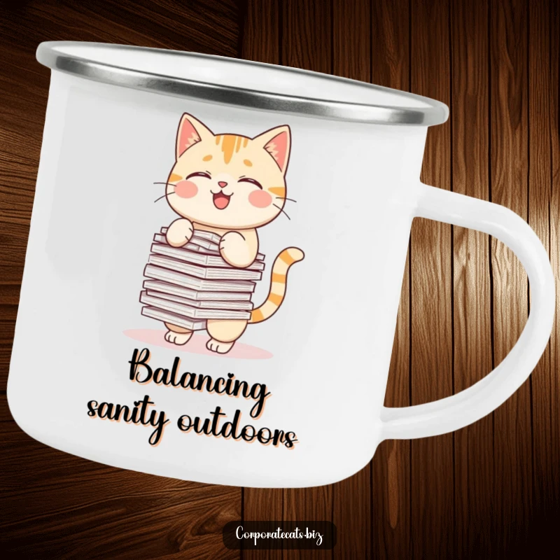 Funny enamel camping mug featuring a cat struggling to balance a stack of papers, perfect for outdoor use.