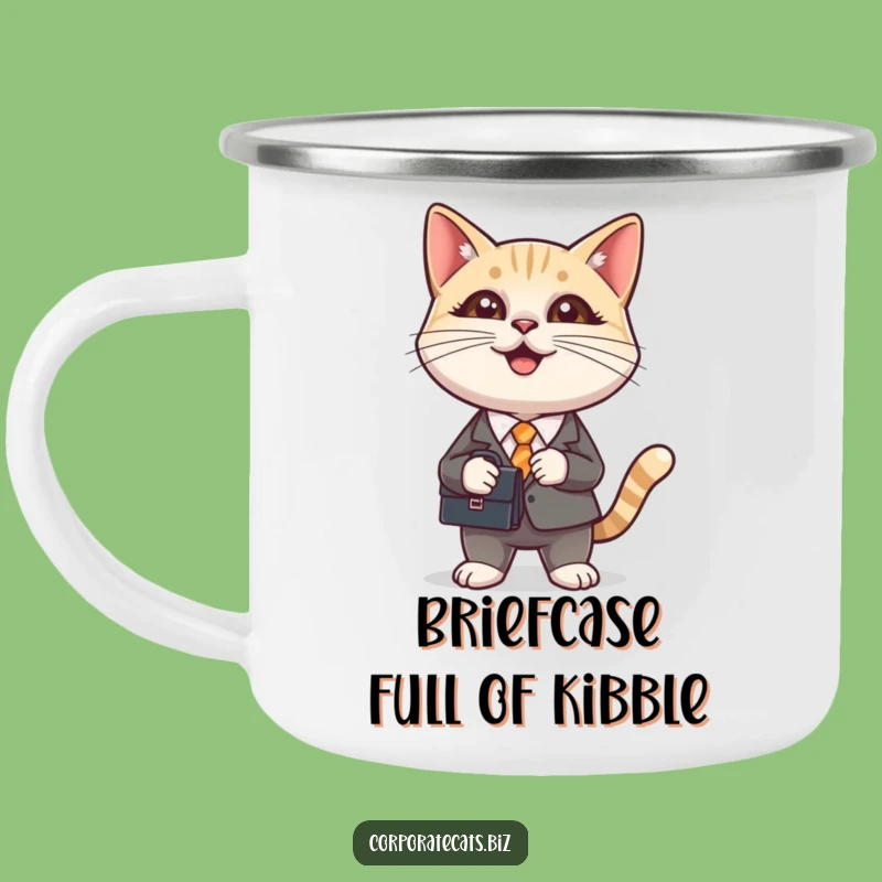 Funny Cat in Suit Holding Briefcase Camping Mug: Durable & Hilarious Outdoor Gear