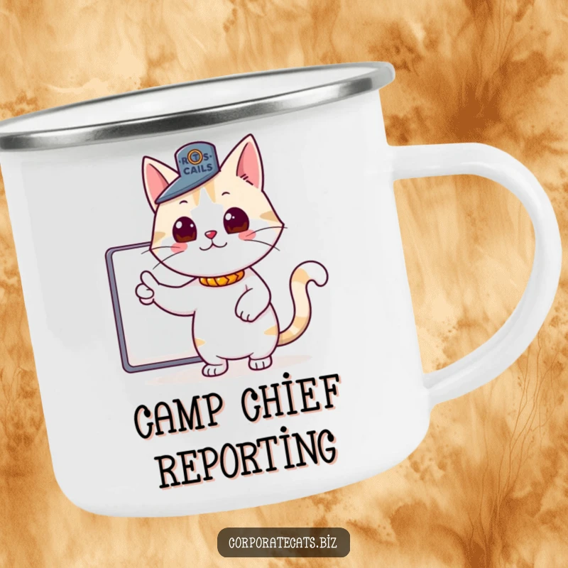 Funny camping mug featuring a proud cat in a tiny boss hat pointing authoritatively, designed for leaders who love the outdoors.