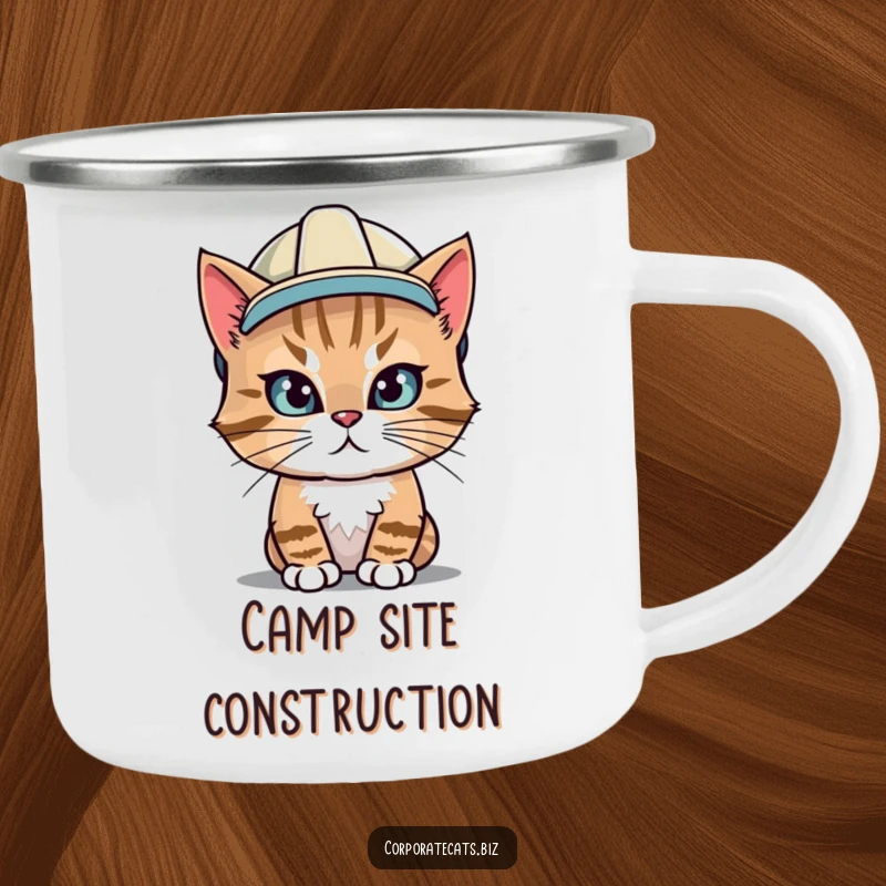 Funny camping mug with a determined cat wearing a hard hat, built tough for adventures and decorated with construction humor.