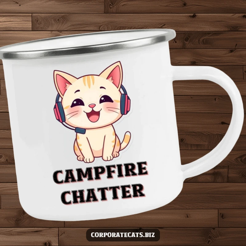 Funny camping mug with a cheerful cat wearing a tiny headset and talking, perfect for outdoor communication humor.