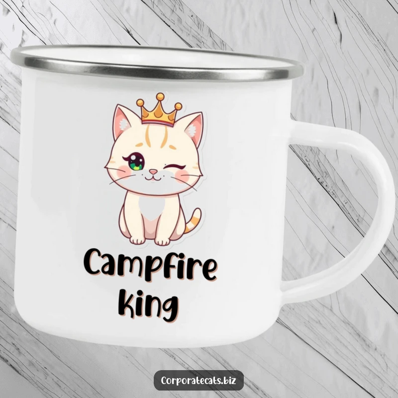 Funny regal cat camping mug, a winking feline sporting a crown, perfect for outdoor enjoyment with a touch of royal humor.