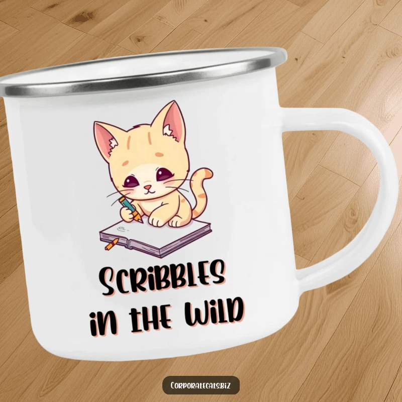 Funny cat artist camping mug, a creative cat artist sketches on a tiny notepad, ready for any outdoor inspiration.