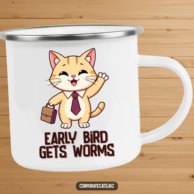 Funny cat adventure mug featuring a smiling cat in a tie with a briefcase, ready for travel.