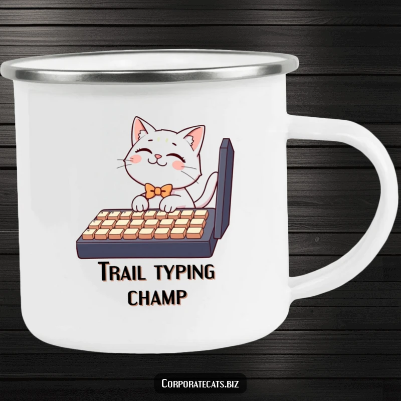 Funny camping mug, a giggling cat with a bowtie attempts to type on a large keyboard, bringing tech humor to outdoor trips.