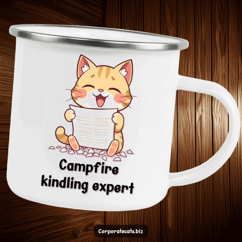 Funny camping mug showing a cat gleefully shredding a document with its paws, perfect for outdoor drinks with a humorous twist.