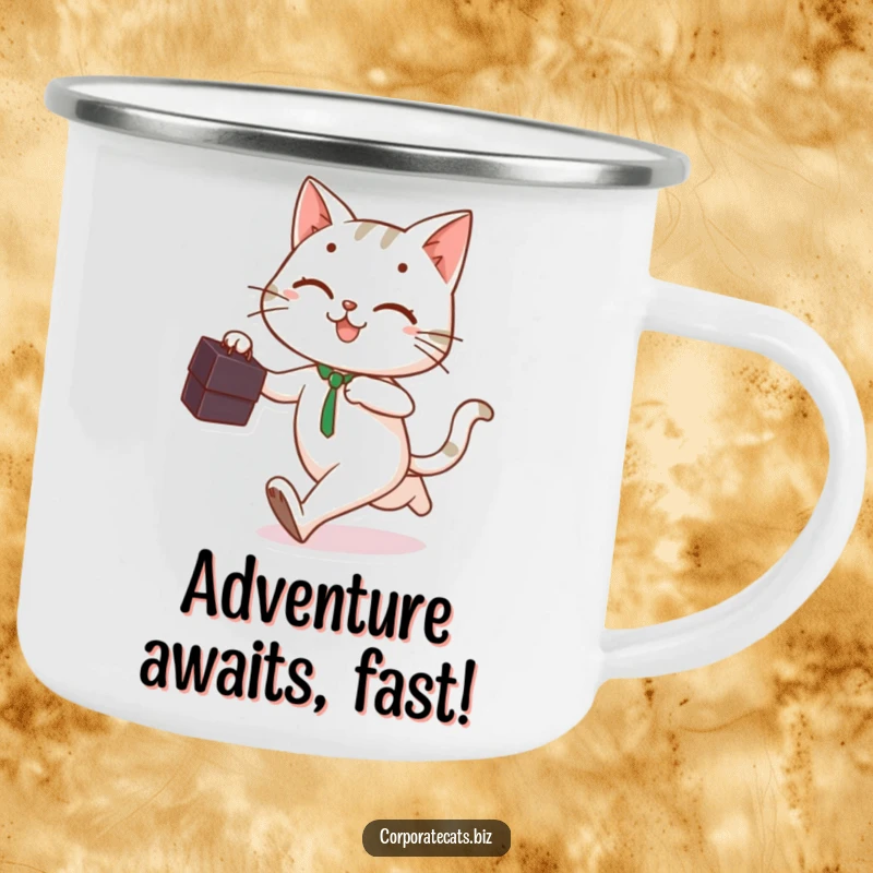 Playful cat holding a briefcase, running with a smile, printed on a rugged camping mug.