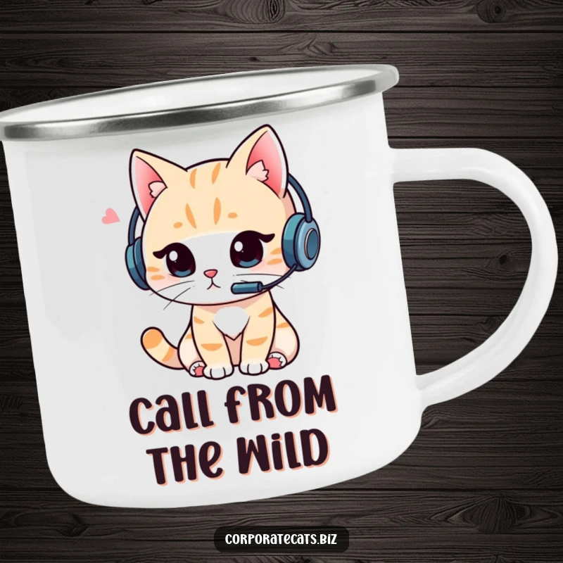 Funny Cat Campfire Mug: Durable mug with a cat wearing a headset, focused on a video call, celebrating outdoor connectivity.