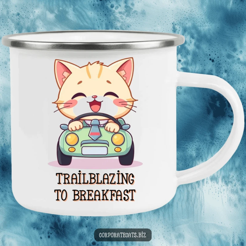 Funny cat in a necktie, driving a toy car, this enamel camping mug is rugged and humorous, ideal funny gift.