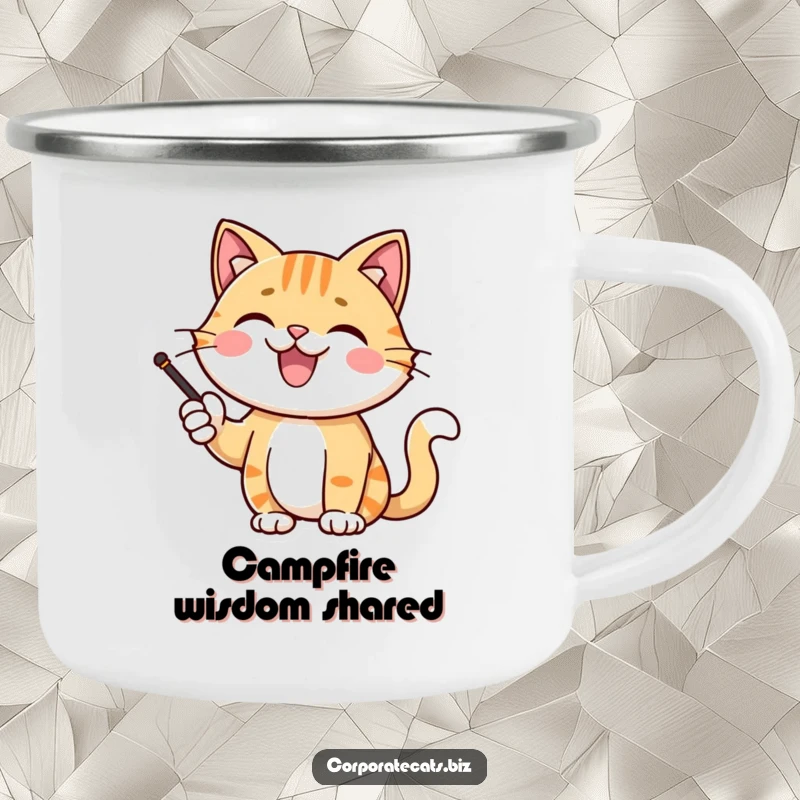 Funny cat character giving a presentation with a pointer on a camping mug, perfect for outdoor mornings and smart humor, a gift.
