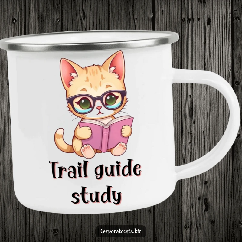 Funny camping mug with a curious cat wearing glasses, reading a book, built for adventure and literary enjoyment.