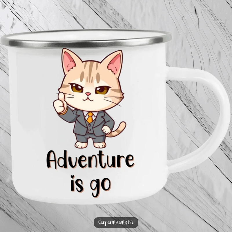Funny determined cat camping mug in a tiny suit giving a strong thumbs-up, ideal for outdoor use with a humorous professional theme, a great gift.