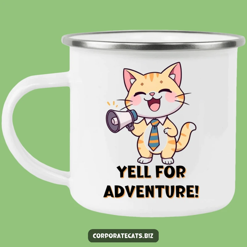 Funny Excited Cat Camping Mug: Cheerful Feline in Tie with Megaphone, Adventure Funny Gift!