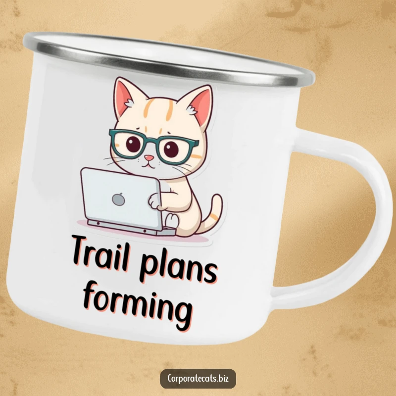 Funny focused cat camping mug wearing tiny glasses, typing on a miniature laptop, ideal for outdoor use with a humorous intellectual theme, a great gift.