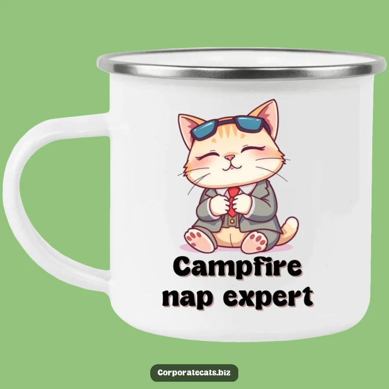 Funny Napping Cat Suit Camping Mug: Durable & Hilarious Relaxed Outdoor Gear