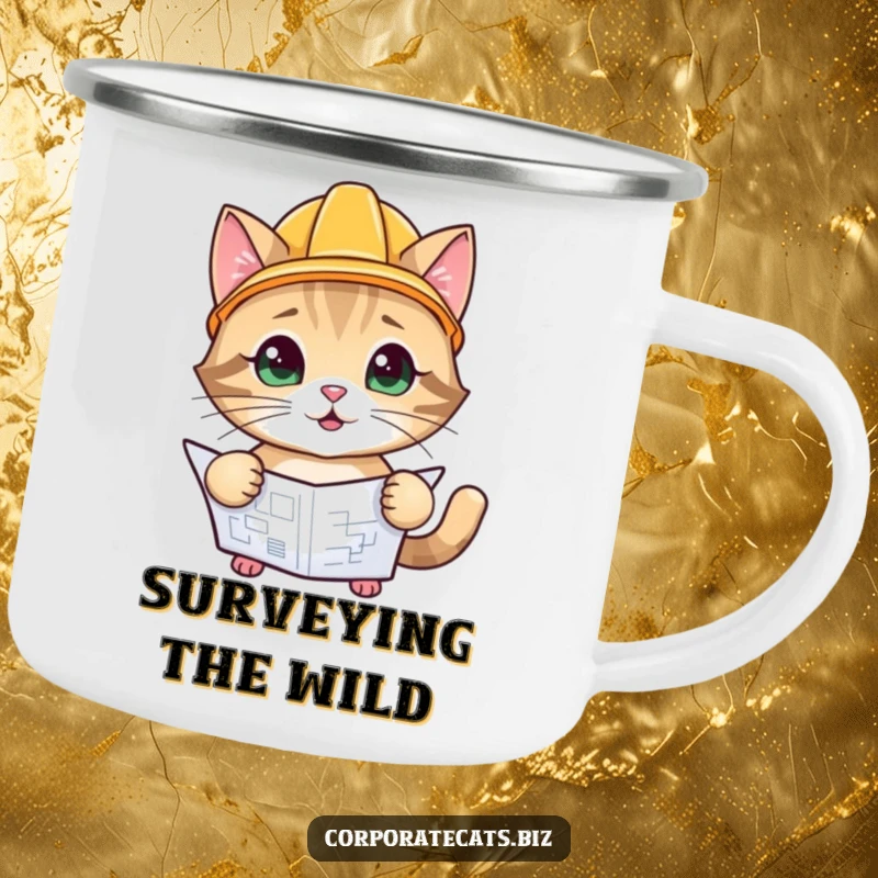 Funny Site Inspector Cat Camping Mug: a playful cat in a hard hat, inspecting a blueprint, ready for the outdoors.
