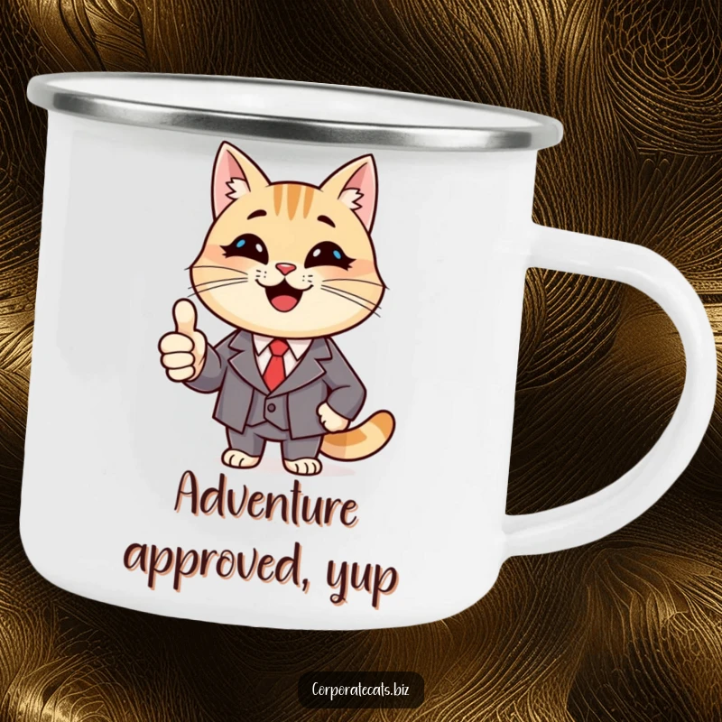 Funny Summit Cat Camping Mug: a smiling cat in a suit, giving a thumbs up, enjoying the outdoors.