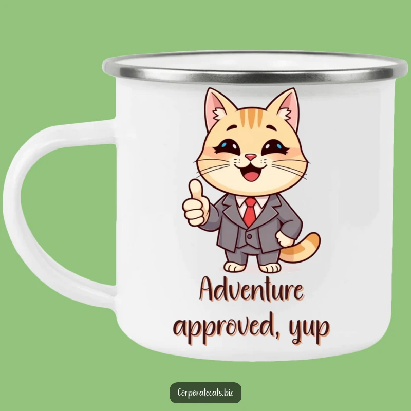 Funny Summit Cat Camping Mug: Smiling Cat Thumbs Up, Perfect Funny Gift