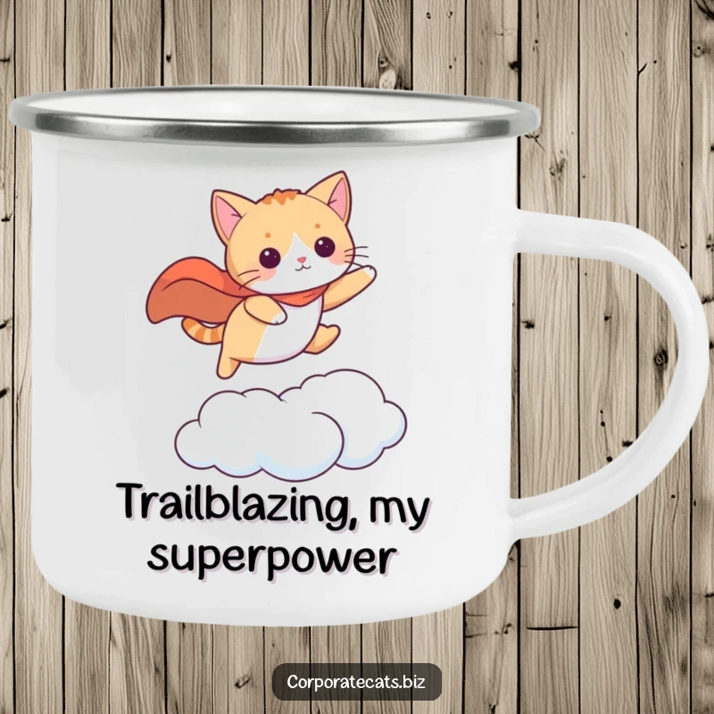 Funny cat in a cape leaping between clouds, perfect for outdoor quests. A superb funny gift.