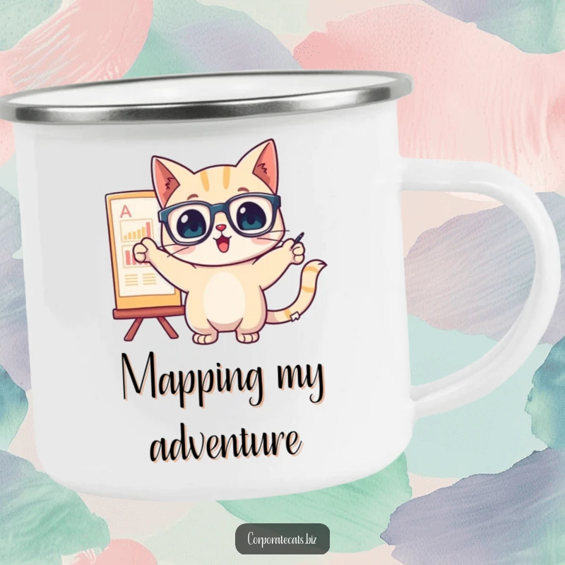 Funny cat with glasses pointing at a chart on a sturdy camping mug, bringing analytical humor outdoors.