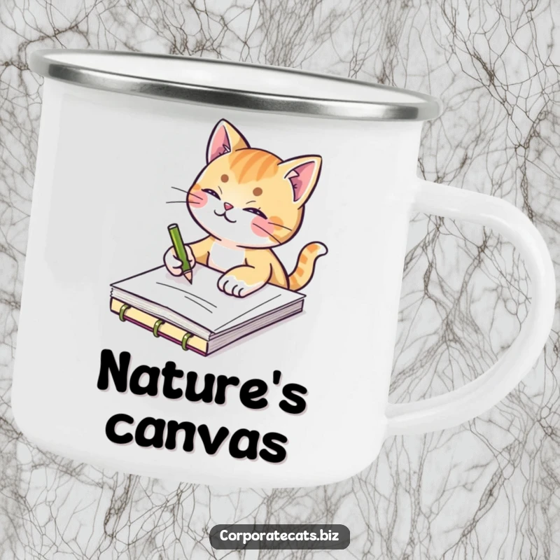 Funny camping mug featuring a creative cat sketching in a notepad, ideal for artists and outdoor enthusiasts who appreciate humor.