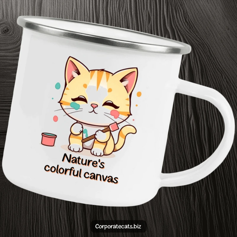 Funny Camping Mug: A cat artist pauses their outdoor painting to accidentally get paint on its face. Durable and funny.