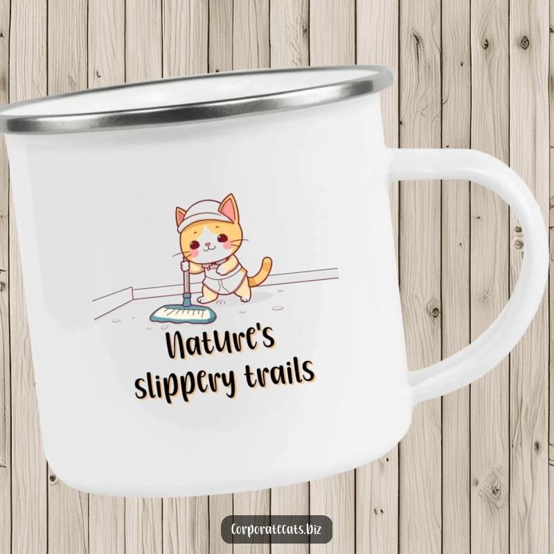 Funny Camping Mug: A cat janitor pauses their cleaning duties to slip on a wet patch. Durable and funny.