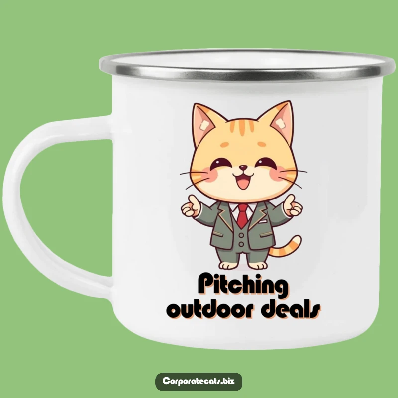 Funny Business Cat Camping Mug: Joyful Feline in Suit Presenting, Adventure Funny Gift!