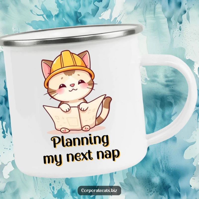 Funny cat architect in a hard hat, studying blueprints, this enamel camping mug is rugged and humorous, ideal funny gift.
