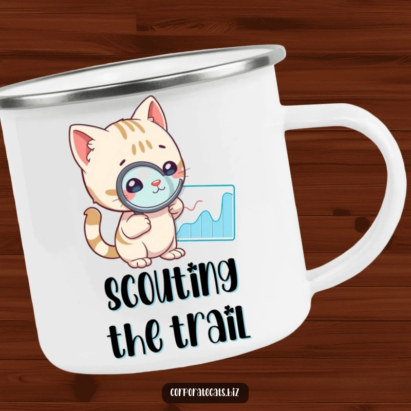 Funny cat holding a magnifying glass over a graph, ready for exploration on a rugged camping mug, inspiring curious adventures.