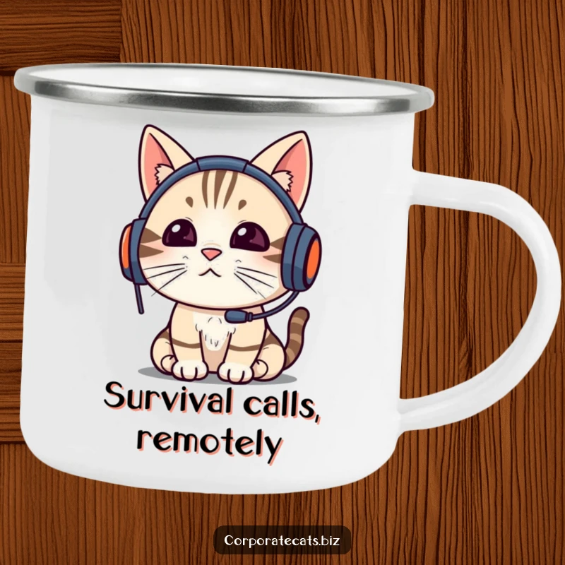 Funny cat wearing a headset, concentrating on a video call, on a sturdy enamel camping mug, perfect for outdoor humor, a funny gift.