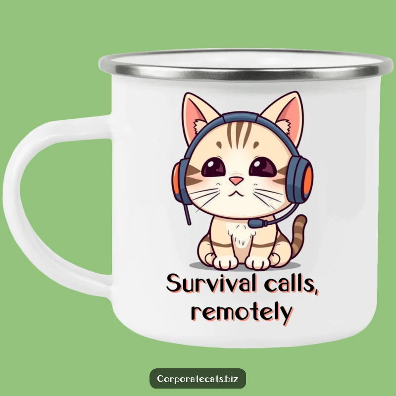 Funny Cat Video Call Camping Mug: Durable WFH Feline Enamel Cup, Great Gift!