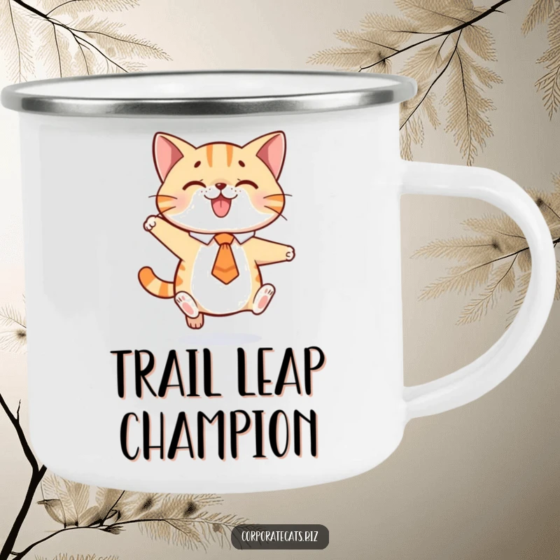 Funny camping mug with a playful cat wearing a tie, caught mid-jump, built tough for adventures and brimming with humor.