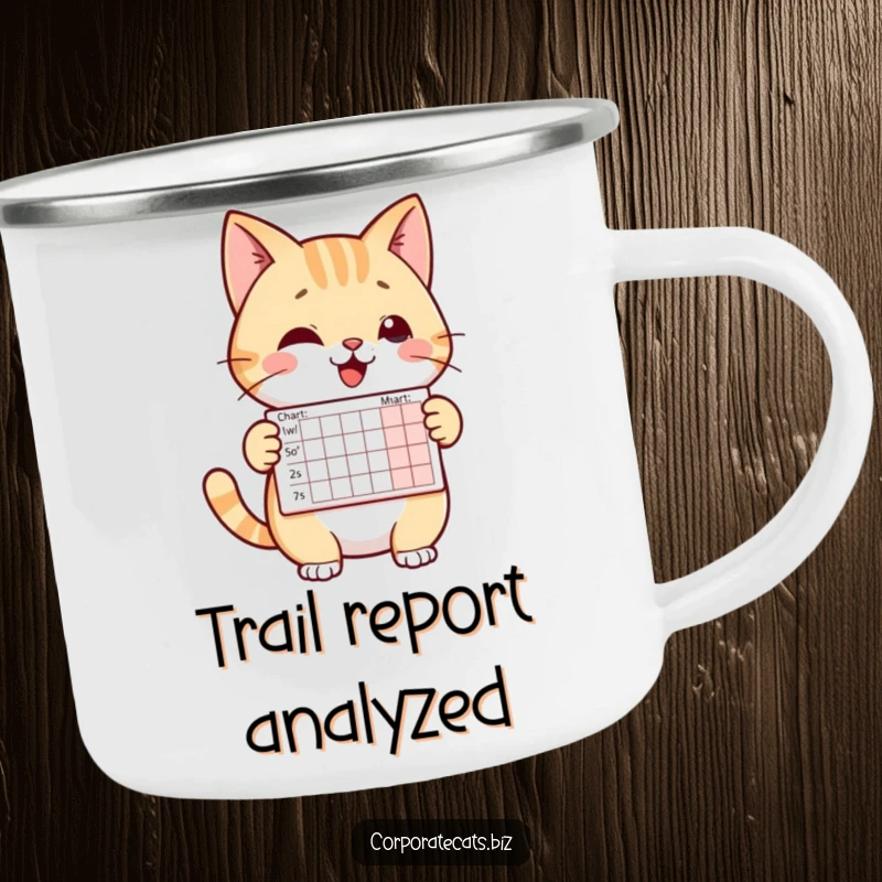 Funny camping mug with a cheerful cat character presenting a miniature chart. Durable and humorous for outdoor use.