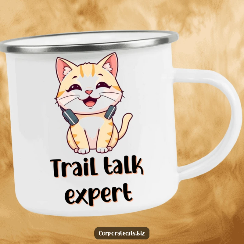 Funny camping mug featuring a happy cat with a headset, ready to chat, ideal for outdoor adventures and coffee lovers alike.