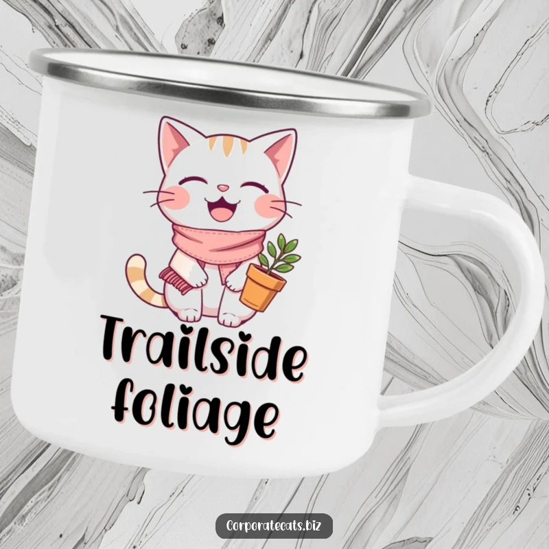 Funny joyful cat camping mug, wearing a tiny scarf and holding a plant pot, ideal for outdoor enthusiasts who love plants.