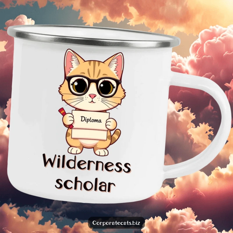 Funny camping mug featuring a sophisticated cat holding a diploma, ideal for intellectuals and outdoor enthusiasts who appreciate humor.
