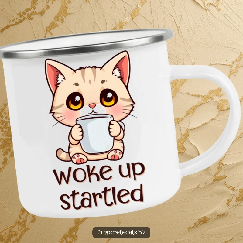 Funny camping mug with a surprised cat with wide eyes holding a coffee cup, perfect for outdoor coffee humor.