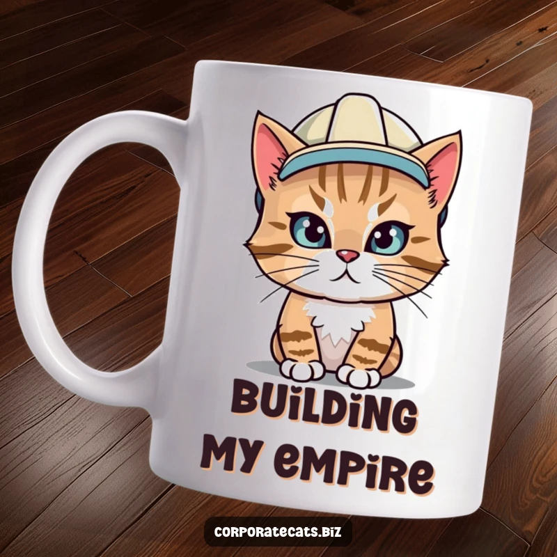 Funny mug depicting a determined cat wearing a yellow hard hat, ready for tough jobs and construction site humor.