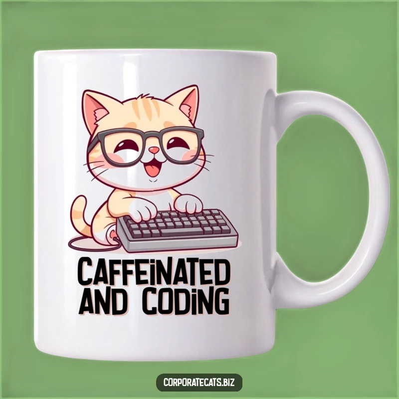Funny Tech Cat Mug: Happy Cat with Glasses, Typing Fast, Perfect Funny Gift