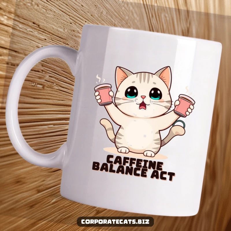 Funny surprised cat character caught off guard while juggling several tiny coffee cups. Whimsical and humorous.