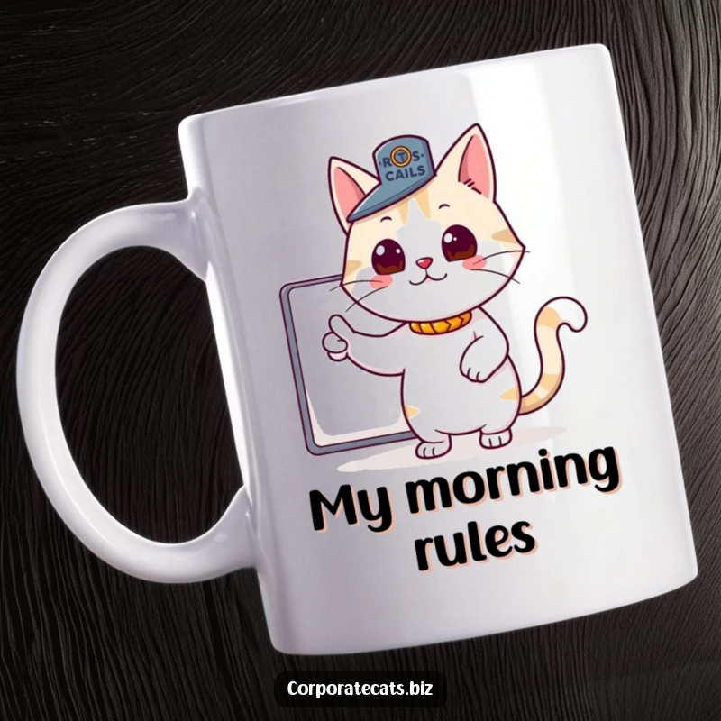 Funny mug with a proud cat wearing a tiny boss hat, pointing authoritatively, exuding confidence and playful leadership.