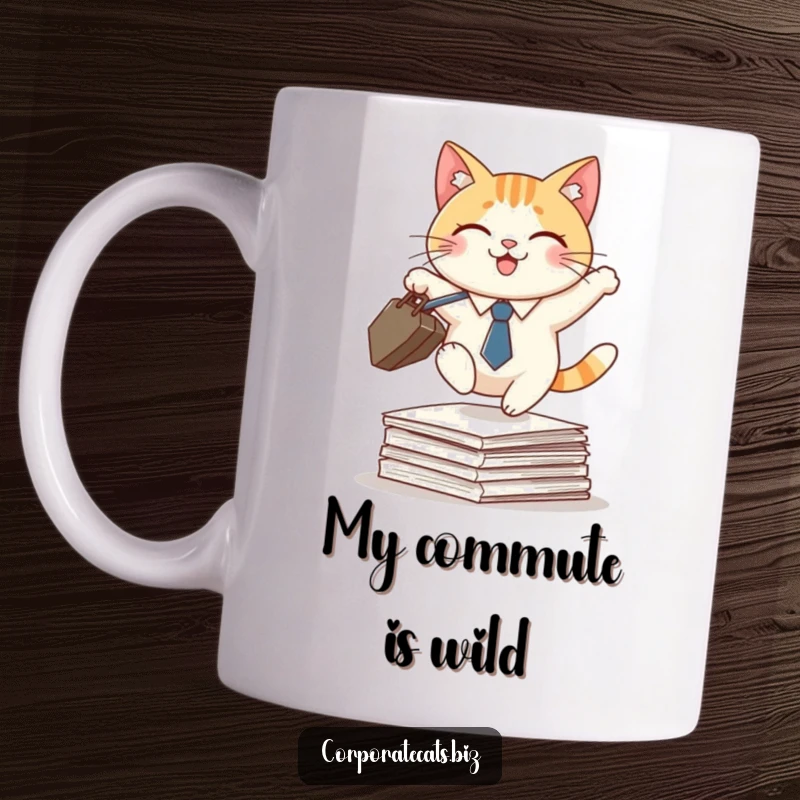 Funny mug showing a smiling cat wearing a tiny tie, holding a briefcase, and energetically leaping over a stack of papers.