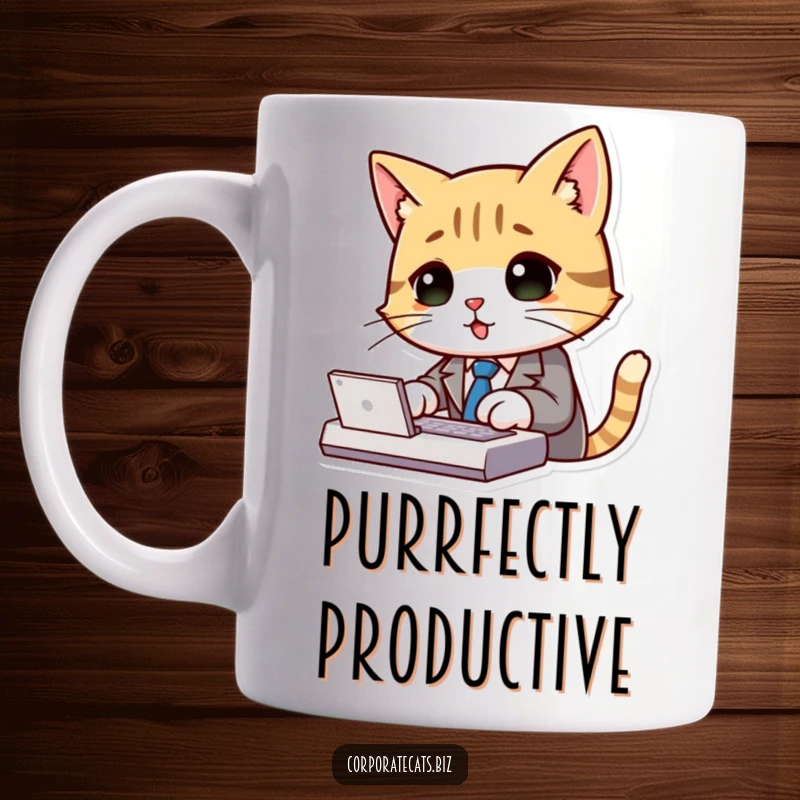 Funny cat wearing a tiny suit and tie, typing enthusiastically on a keyboard, depicted on a coffee mug.