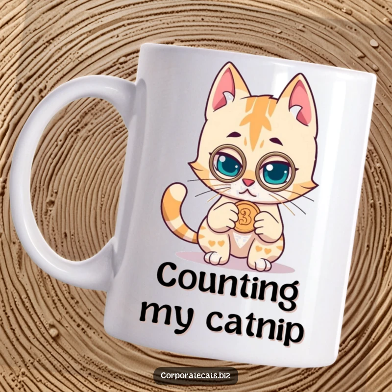 Funny cat mug featuring a mischievous cat with a monocle examining a coin, a humorous design for detectives and cat lovers.