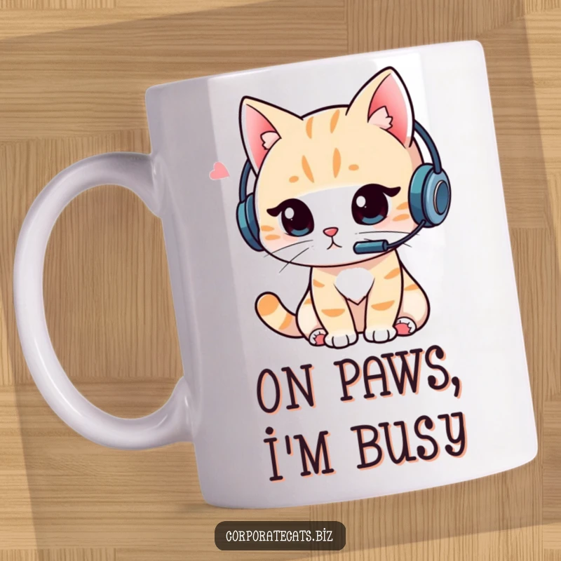 Funny Cat Gamer Mug: Cool cat wearing a headset, intensely focused on a video call, symbolizing gaming and remote work communication.