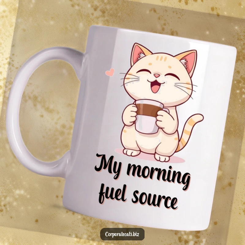 Funny cat mug with a triumphant cat character holding a tiny coffee cup, ready to conquer the day with caffeine.